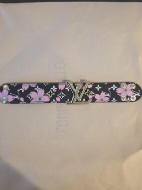 Black and Pink Floral Bracelet with Gold LV Buckle